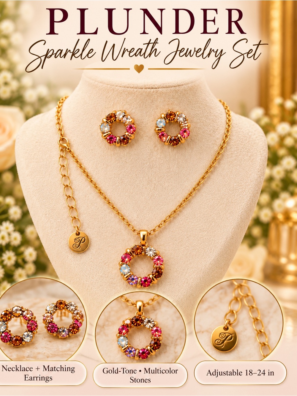 Plunder Sparkle Wreath Necklace Earrings Set Gold Tone Multicolor Crystal NWT
